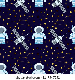 Rocket space globe solar system and planet cosmos sky seamless pattern background vector illustration. Flight spacecraft astronaut exploration travel shuttle. Cosmonaut spaceman ocketship.