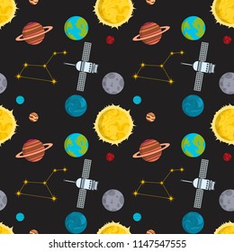 Rocket space globe solar system and planet cosmos sky seamless pattern background vector illustration. Flight spacecraft astronaut exploration travel shuttle. Cosmonaut spaceman ocketship.