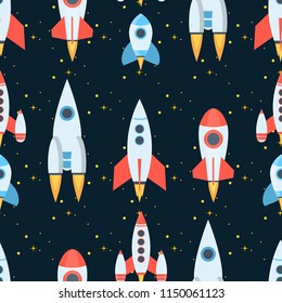 Rocket space globe solar system and planet cosmos sky seamless pattern background vector illustration. Flight spacecraft astronaut exploration travel shuttle. Cosmonaut spaceman ocketship.