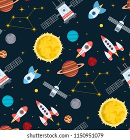 Rocket space globe solar system and planet cosmos sky seamless pattern background vector illustration. Flight spacecraft astronaut exploration travel shuttle. Cosmonaut spaceman ocketship.