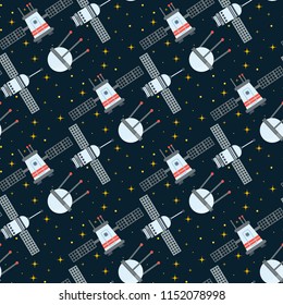 Rocket space globe solar system and planet cosmos sky seamless pattern background vector illustration. Flight spacecraft astronaut exploration travel shuttle. Cosmonaut spaceman ocketship.