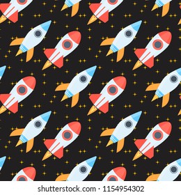 Rocket space globe solar system and planet cosmos sky seamless pattern background vector illustration. Flight spacecraft astronaut exploration travel shuttle. Cosmonaut spaceman ocketship.
