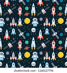 Rocket space globe solar system and planet cosmos sky seamless pattern background vector illustration. Flight spacecraft astronaut exploration travel shuttle. Cosmonaut spaceman ocketship.