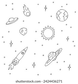 Rocket in space graphic black white sketch illustration vector 