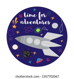 Rocket in space hand drawn vector color character. Sketch stars, planets, rocket.Space doodle drawing. Isolated cartoon kids book, textile illustration.