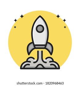 Rocket Space Icon Cartoon Filled Line Style. Space Rocket Aircraft Flight Astronomy Logo Vector Illustration. Space Icon Sticker