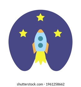Rocket in space icon. Startup banner, creative new project emblem, quick start concept idea. Flat design. Cartoon shuttle among the stars in the universe isolated on white background.