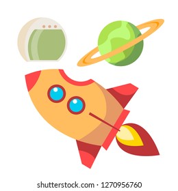 Rocket Space Icons Vector. Spaceship And Planet, Helmet. Universe Concept. Isolated Flat Cartoon Illustration