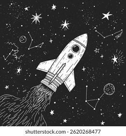 Ilustración del espacio del cohete, arte de estilo retro, planetas, satélites, estrellas

