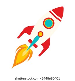 Cohete en el espacio aislado sobre fondo blanco. Ilustración plana de Vector.