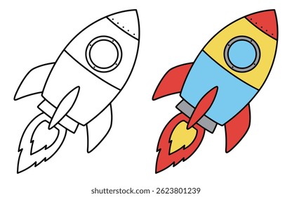 Rocket and Space Line Art Vector Outline Illustration Black and White with Coloring Sample