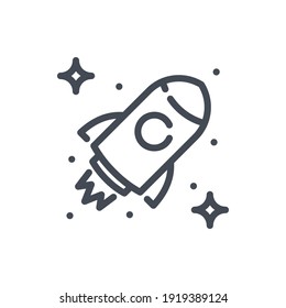 Rocket in space line icon. Spaceship and Startup Launch vector outline sign.