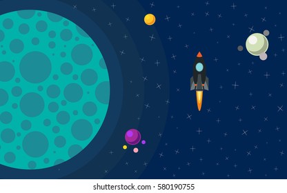 The rocket in space near the planet. Space trip. Vector illustration of rocket flight.
