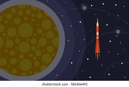 The rocket in space near the planet. Space trip. Vector illustration of rocket flight.