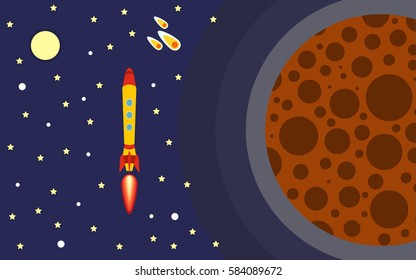 The rocket in space near the planet. Space trip. Vector illustration of rocket flight.