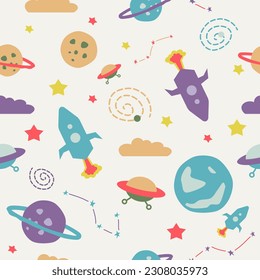 Rocket space pattern with gender palette color for kids. Vector seamless pattern with space transportations, stars and planets