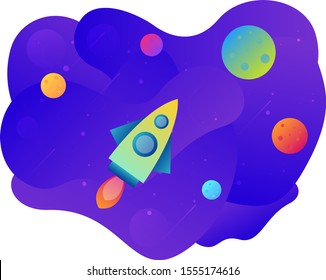 Rocket in space planet abstract liquid background. Space background. Rocket flies. Galaxy pattern