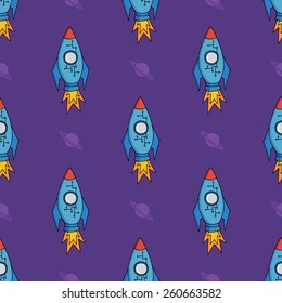 Rocket in the space with a planet background seamless pattern