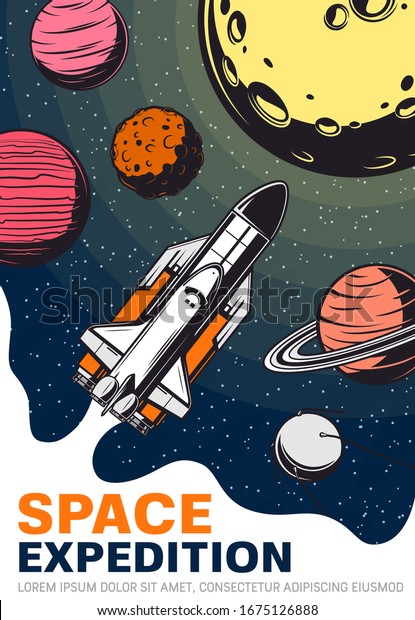 Rocket\
in space with planets and satellite, galaxy and universe travel\
vector design. Spaceship or shuttle with stars, Moon and Saturn\
with orbits, Venus, Jupiter and Mars retro\
poster