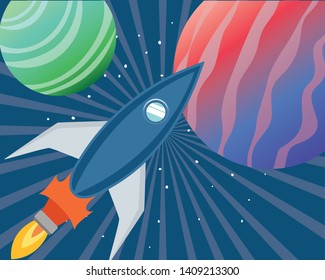 rocket in the space with planets of the solar system