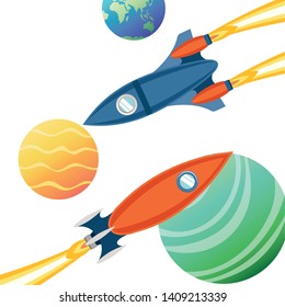 rocket in the space with planets of the solar system