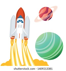 rocket in the space with planets of the solar system