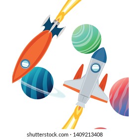 rocket in the space with planets of the solar system