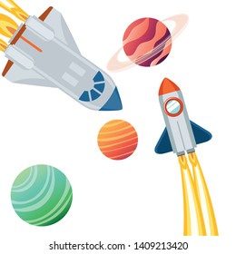 rocket in the space with planets of the solar system