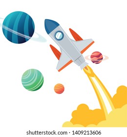 rocket in the space with planets of the solar system