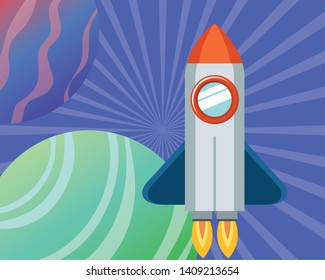rocket in the space with planets of the solar system