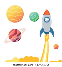 rocket in the space with planets of the solar system