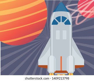 rocket in the space with planets of the solar system