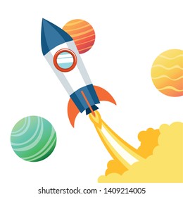 rocket in the space with planets of the solar system