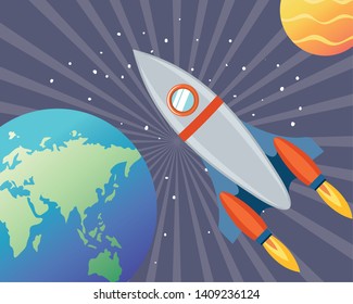 rocket in the space with planets of the solar system