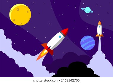 Rocket in the space with planets and stars