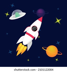 Rocket in space. Planets, stars, UFO with alien