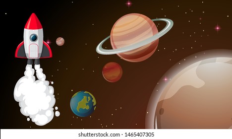 Dibujo del cohete en la escena espacial
