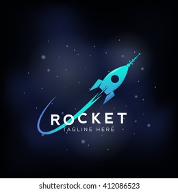 Rocket Space Ship Abstract Vector Sign, Icon or Symbol. Cosmic Background with Stars. Science, Startup, Launch Logo Template.