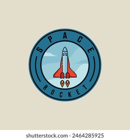Raumschiff-Emblem-Logo-Vektorillustration-Vorlage-Grafikdesign. Luft- und Raumfahrtszeichen und -symbol für Astronomiekonzept mit Kreisabzeichen-Typografie-Stil