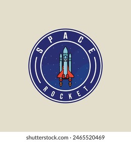 Raumschiff-Emblem-Logo-Vektorillustration-Vorlage-Grafikdesign. Luft- und Raumfahrtszeichen und -symbol für Astronomiekonzept mit Kreisabzeichen-Typografie-Stil