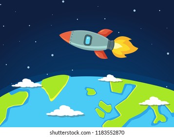 Rocket or space ship flying over the surface of the earth in flat design vector illustration