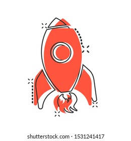 Rocket space ship icon in comic style. Spaceship vector cartoon illustration pictogram. Rocket start business concept splash effect.