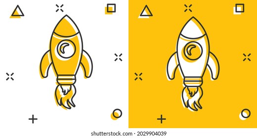 Rocket space ship icon in comic style. Spaceship vector cartoon illustration pictogram. Rocket start business concept splash effect.