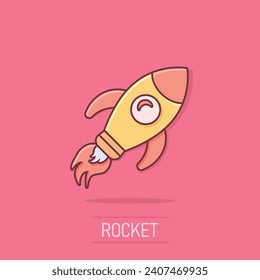 Rocket space ship icon in comic style. Spaceship vector cartoon illustration pictogram. Rocket start business concept splash effect.