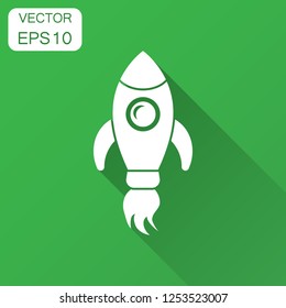 Rocket space ship icon in flat style. Spaceship vector illustration with long shadow. Rocket start business concept.