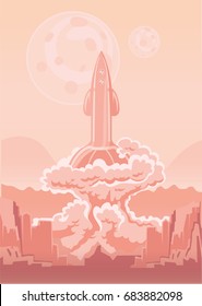 Rocket Space Ship launch. Interplanetary flight. Vector illustration