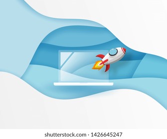 Rocket or space ship launch from laptop to the blue sky on presentation template background in vector paper art concept. Business market or startup product - project concept.