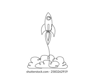 Rocket space ship launching line drawing continuous line art vector illustration