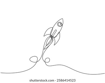 Rocket space ship launching line drawing continuous line art vector illustration