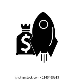 Rocket space ship with money bag of dollars icon vector icon. Simple element illustration. Rocket space ship with money bag of dollars symbol design. Can be used for web and mobile.